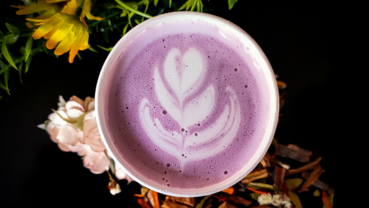 Latte violet avec art latte en forme de fleur, vue du dessus, entouré de fleurs séchées sur fond sombre