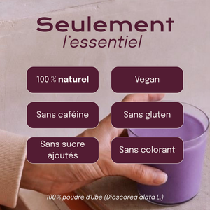 Caractéristiques de la poudre d'ube Vytal Oya : 100 % naturelle, vegan, sans gluten, sans caféine et sans sucre ajouté.